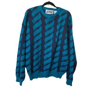 Vintage Steel Sweater Womens XL Blue Black Knit Wool Blend Granny Pullover 90s